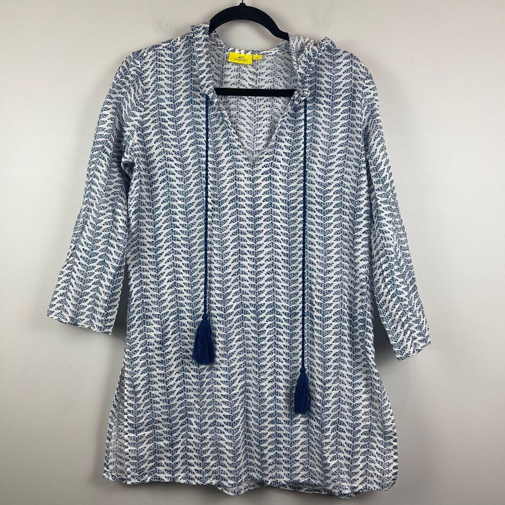 Roller Rabbit Cover-Up Women's XS White Blue Printed Tassel-Tie Hooded Swimwear